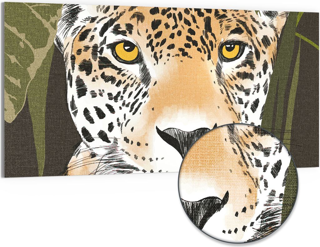 DEQORI Hybrid Leinwand Bild 100x50 cm 'Blick des Leoparden' Wandbild Glas flach modern