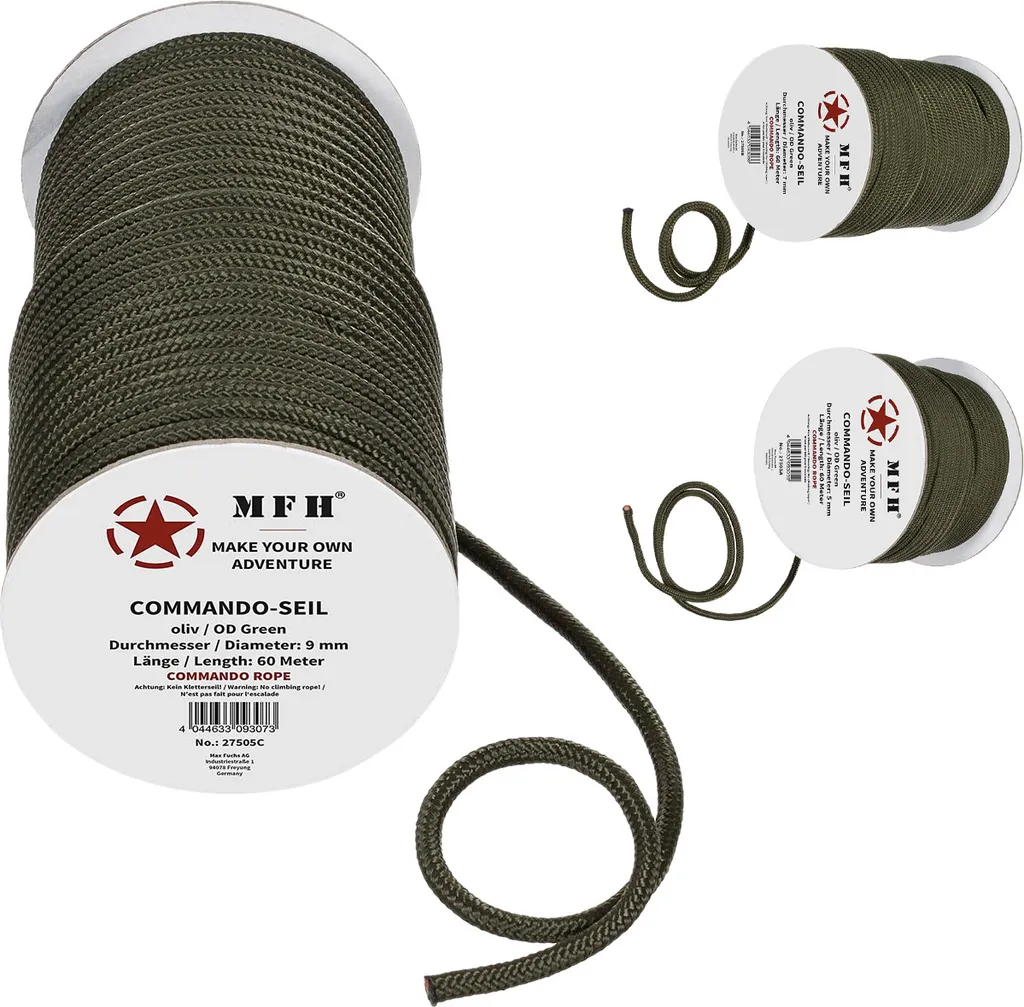 Corde de survie Reepschnur 7mm oliv 60 mètres type Bundeswehr robuste