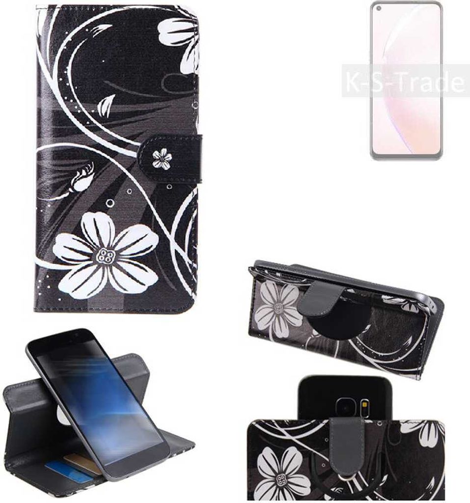 K-S-Trade Schutzhülle Handyhülle kompatibel mit Oppo A93s 5G Hülle 360° Wallet Case ''Flowers'' Klapphülle Hülle schwarz-weiß 1x
