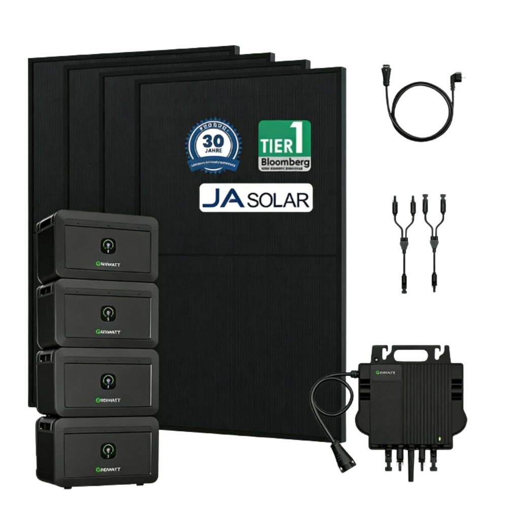 Powerness Balkonkraftwerk mit Speicher, Growatt NOAH 2000 x4 mit Growatt NEO-800W Mikrowechselrichter, 4x 450W JA Solar Bifazial Solarmodule (0% MwSt)
