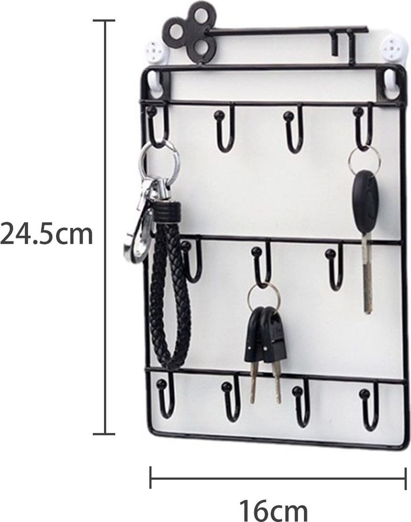 A black metal key holder with 11 hooks mounted on a white background. Dimensions are shown on the left and bottom of the image.