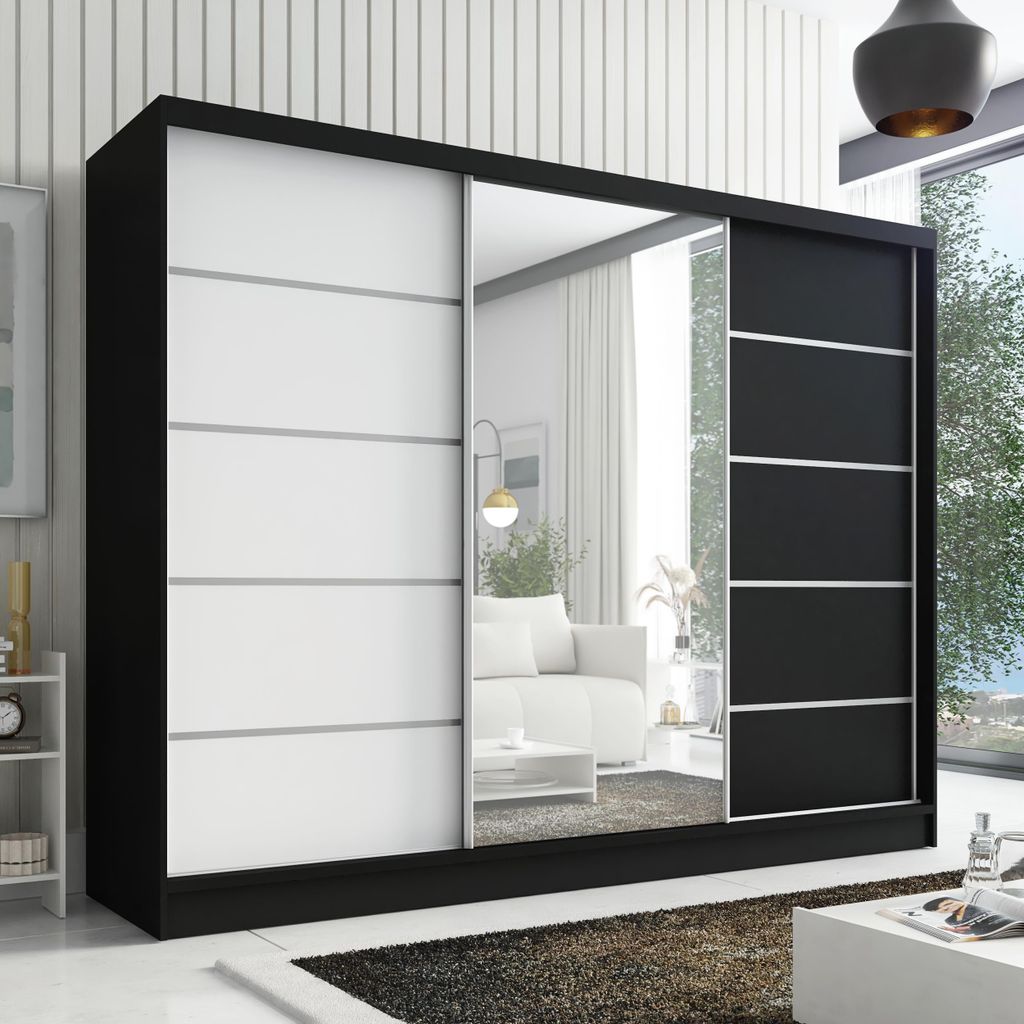 Schwebetürenschrank AURELIA 1, 3-türig Schrank 200 cm Kleiderschrank mit Schubladen, und Spiegel. Farbe: Schwarz / schwarz / weiß