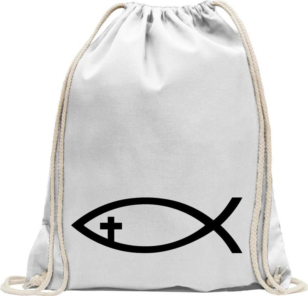 Kiwistar - Turnbeutel - weiss - Kreuz Fisch - Fun Rucksack Sport Beutel Gymsack Baumwolle mit Ziehgurt