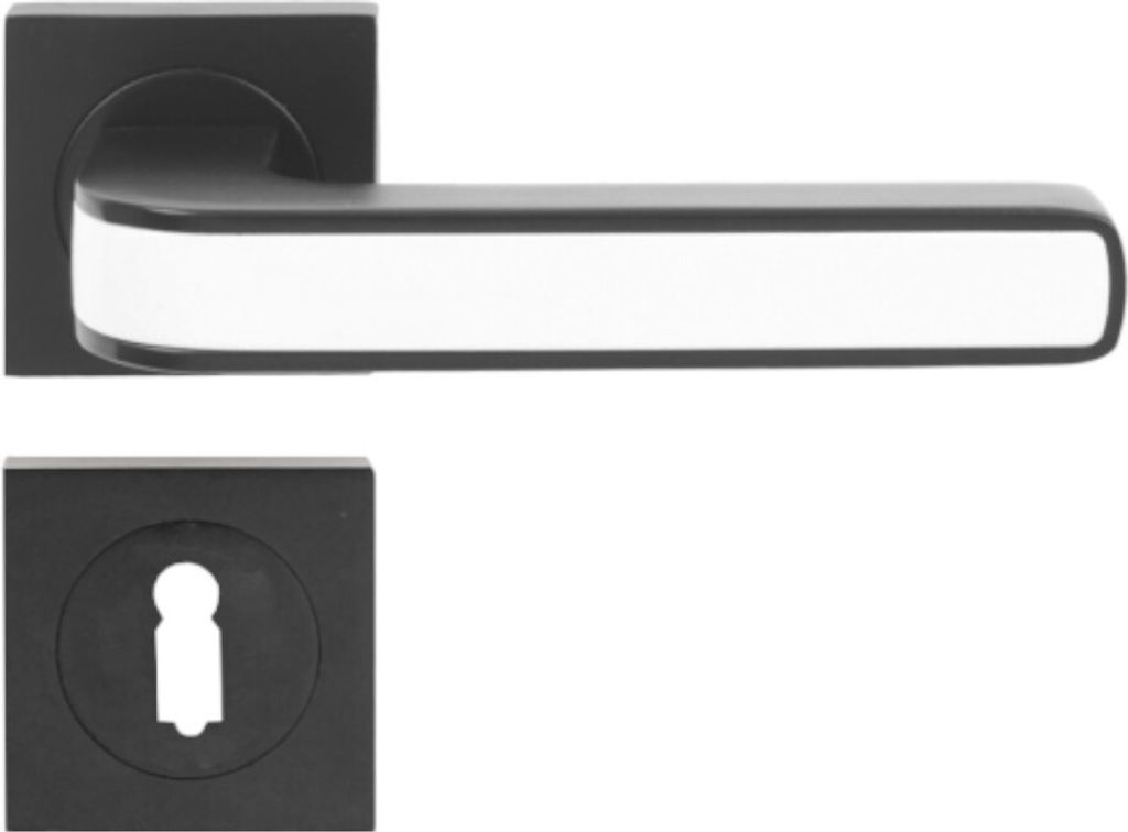 A black and white door handle set with a square rosette and a keyhole escutcheon.