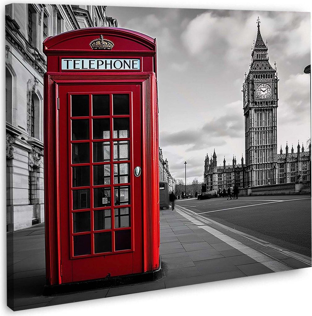 London schwarz weiß rot Telefonzelle Leinwandbild Wandbild Kunstdruck XL: 120x120x4cm