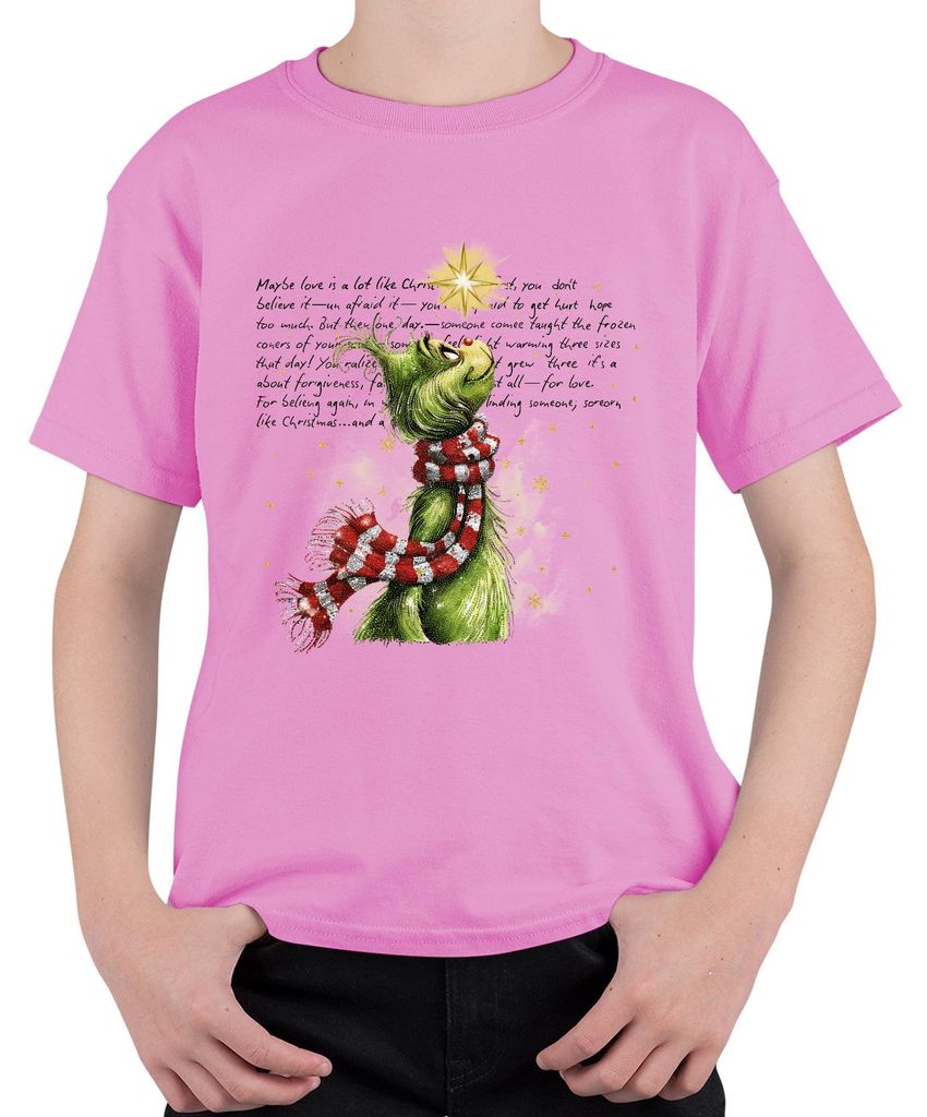 Maybe love is a lot like Christmas Grinch Weihnachten grün Stern Uni Kinder T-Shirt, Pink, 152
