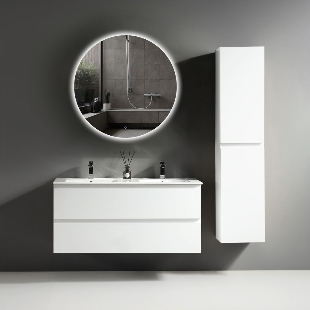 Alpenberger Waschbecken mit Unterschrank 120 cm Breit Waschbeckenunterschrank | Doppelwaschtisch mit Badspiegel Rund Led Spiegel | Schmaler Schrank...