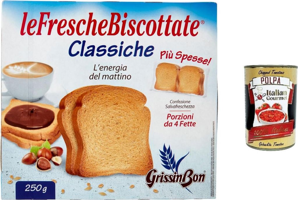 12x Grissinbon FrescheBiscottate, Fette Biscottate Classiche Zwieback Gebackenem Brot Packung mit 250g, jede Packung enthält Zwieback + Italian Go...