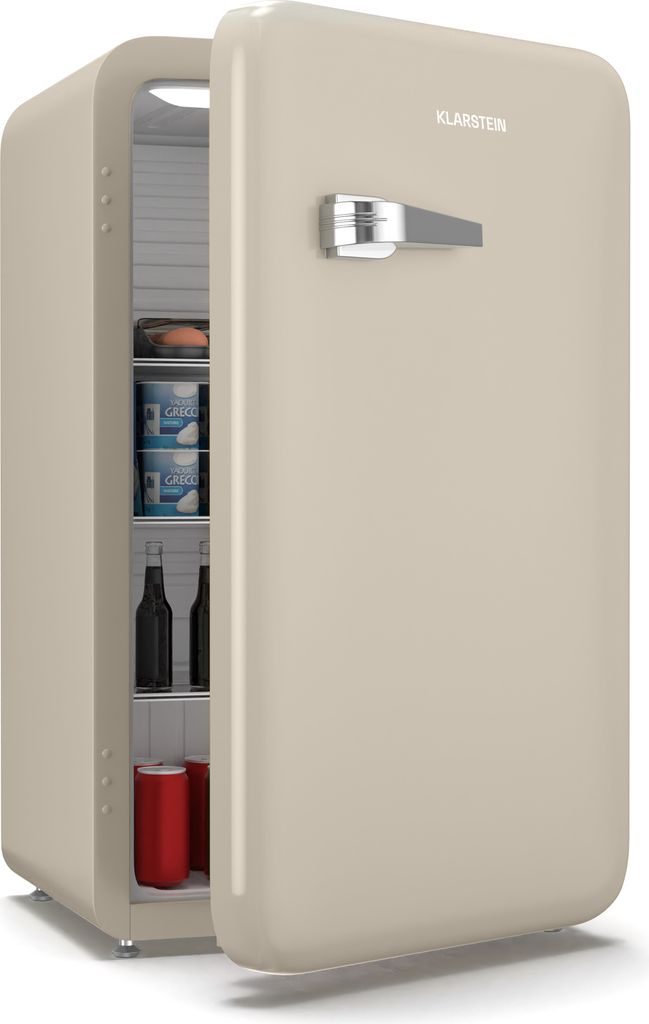 Klarstein Audrey Evo 90L Retro Mini Kühlschrank - Leise 40 dB, Kompakter Kühlschrank Klein mit Verstellbaren Füßen, Wendetür, Mechanischem The...