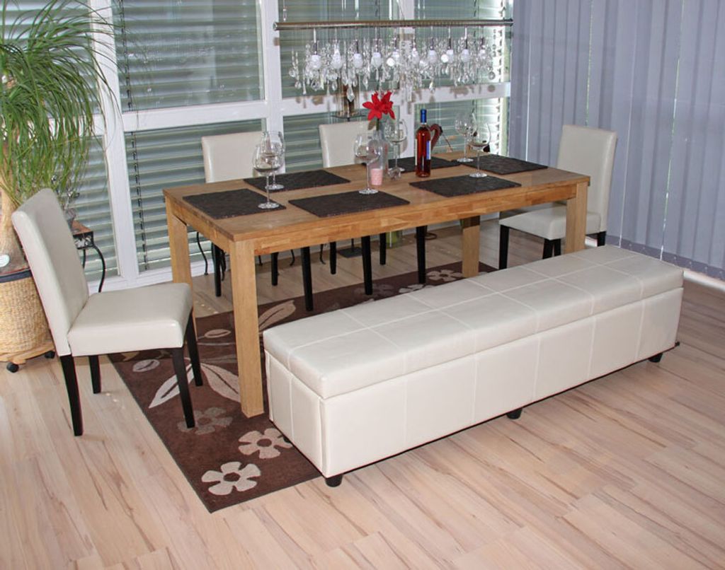 Garnitur Sitzgruppe Bank mit Aufbewahrung Kriens XXL+4 Stühle Littau, Leder creme