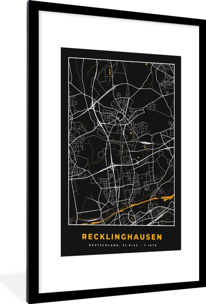 MuchoWow Gerahmtes Poster Gold - Deutschland - Karte - Stadtplan - Recklinghausen 60x90 cm - Poster mit Schwarzem Bilderrahmen Wandposter Rahmen ...