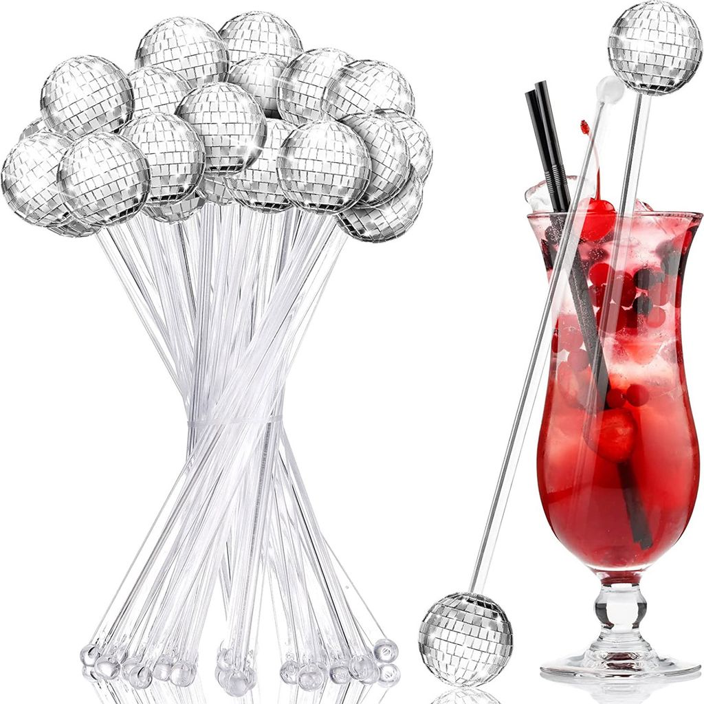 12x Cocktail-Rhrst?bchen mit silberner Discokugel C stylisch fr Partys & Drinks