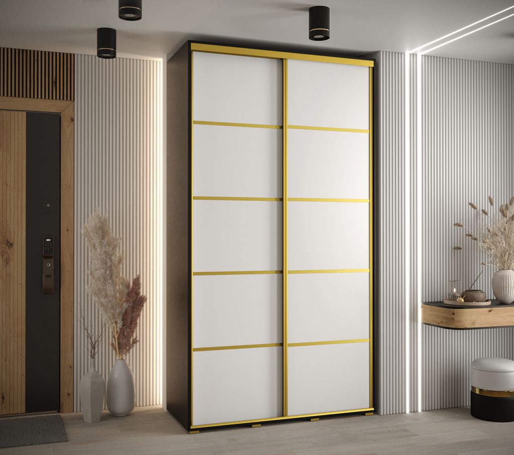 Kleiderschrank YVONA 4 – 140/45 cm, schwarz/weiß/gold