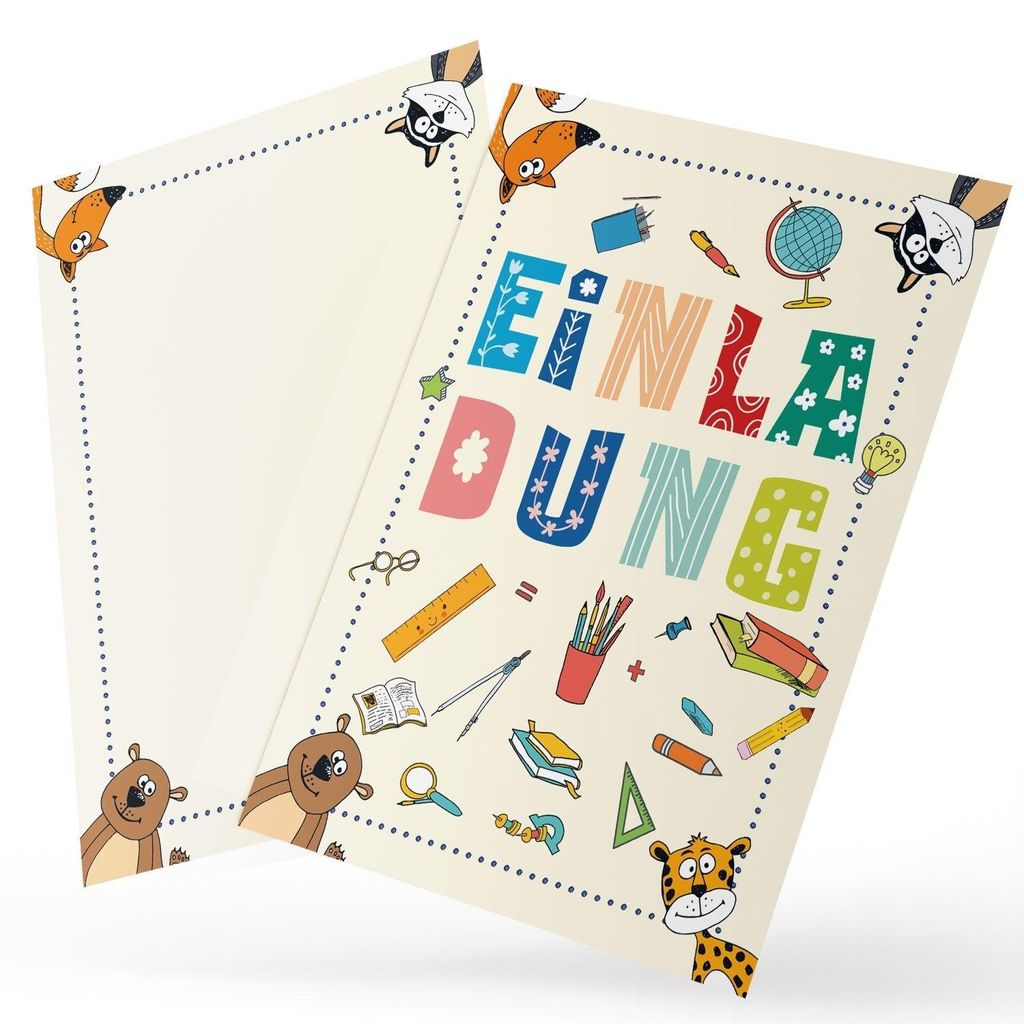Einladungskarte Tiere Schulanfang Kindergeburtstag – Postkarte mit Tiermotiven für Schule & Kindergeburtstag