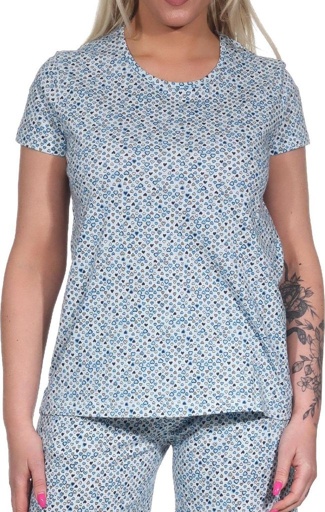 Damen kurzarm Schlafanzug Oberteil Pyjama Shirt Mix & Match in Herz Tupfen Optik - 122 904 ; hellblau , 40-42