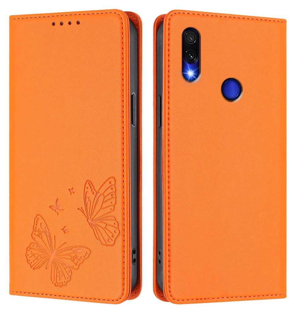 Lederhülle für Xiaomi Redmi Note 7/Note 7 Pro, Schmetterling Prägung Leder Brieftasche Schutzhülle mit Ständer Orange