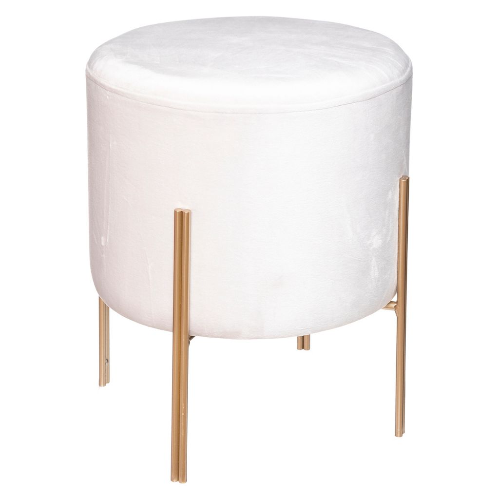 A white velvet ottoman with gold legs on a white background.