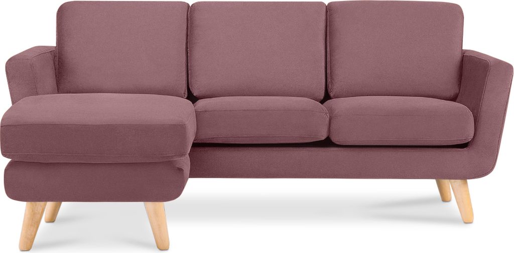 KONSIMO Ecksofa links mit Armlehnen und Gestell aus Massivholz "TAGIO", Rosa, Velourstoff, Scandinavian, 190x78x151cm