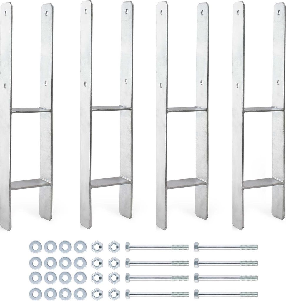 XPOtool Pfostenträger feuerverzinkt 121 x 600mm 4 Stück, H-Anker Kohlenstoffstahl, Pfostenanker mit Bohrlöchern M10 x 140, Pfostenschuh mit 2 Ve...