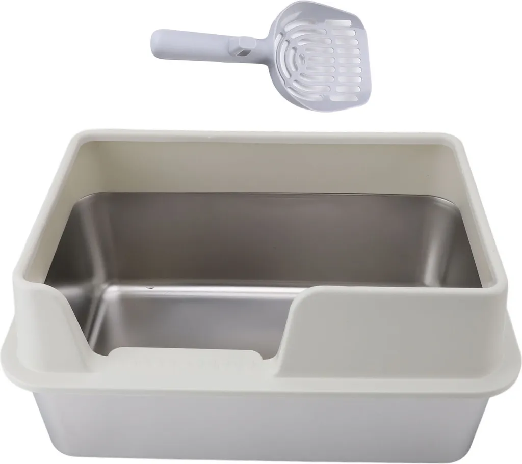 Maison de toilette ouverte pour chat en inox durable et pelle blanche