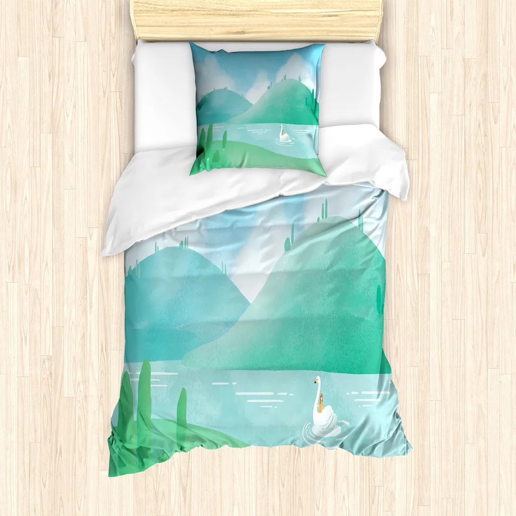 ABAKUHAUS Housse de Couette Cygnes 135x200cm avec Taie d'Oreiller Bleu