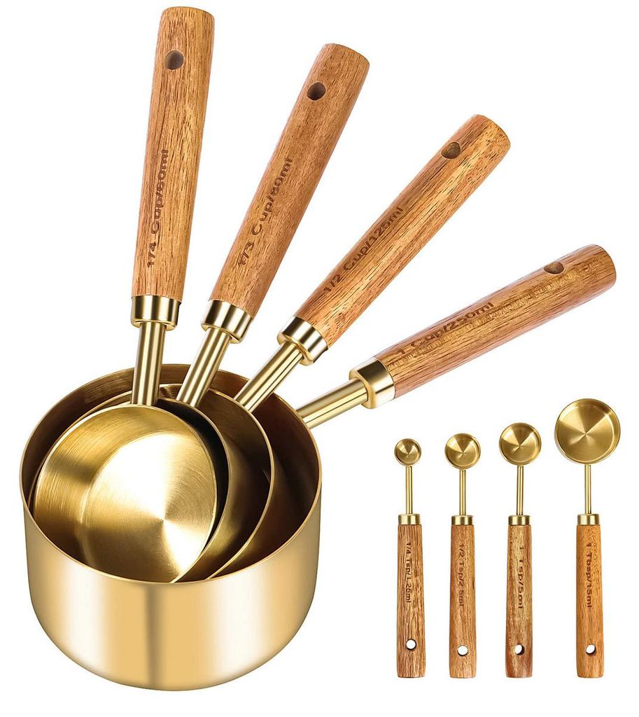 Edelstahl Messlöffel Set 8 teilig, Rostfreier Edelstahl + Nussbaumgriff Ideal für Mehl, Zucker und Flüssigkeiten
