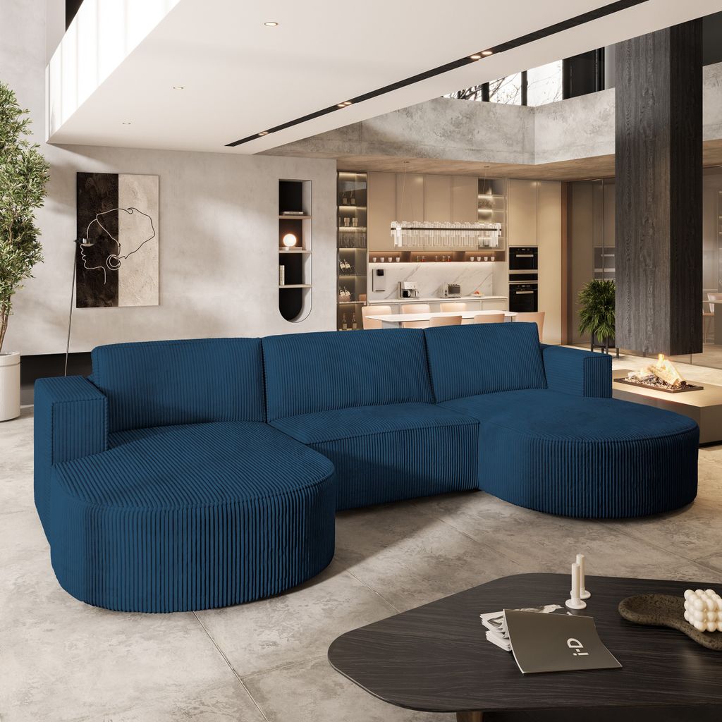 Masseno Ecksofa VEZZO P mit Schlaffunktion U-Form, Sofa mit Bettkasten, Wohnzimmersofa, Couch, Soffa, Bettsofa, Couchgarnitur- Blau, POSO 05