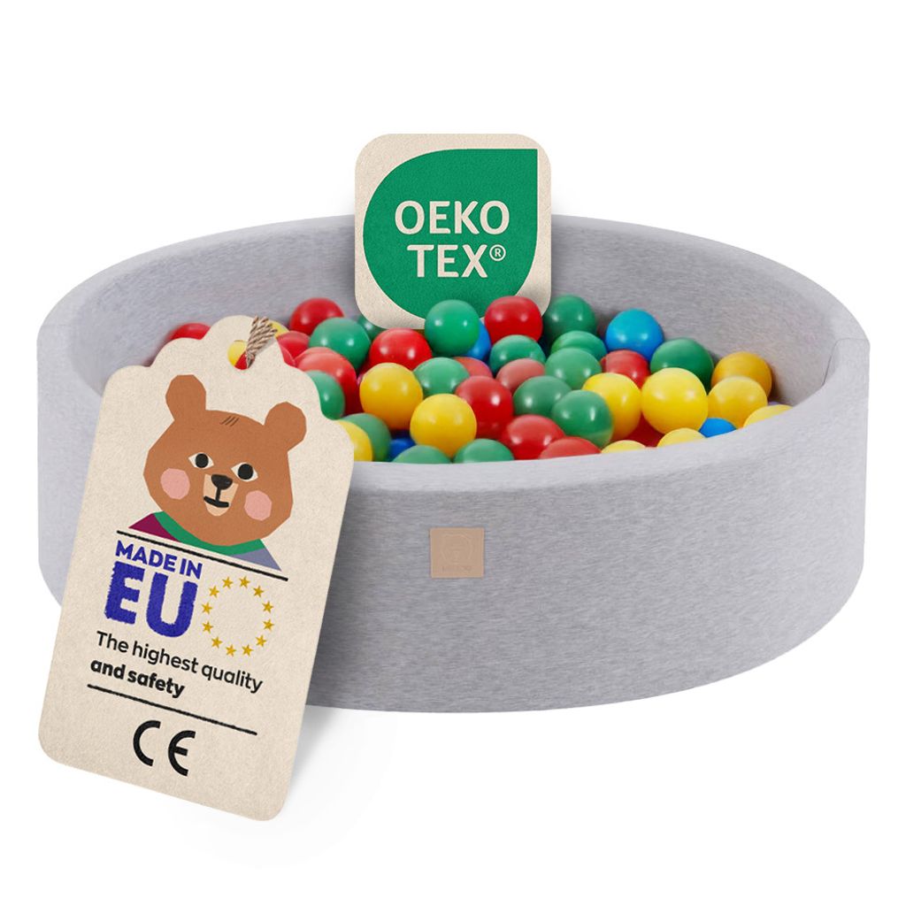 MISIOO Smart Bällebad - Kinder für Baby Zimmer - 200 Bälle - Spielzeug - Maschinenwaschbar - - 90 x 30 cm - Hellgrau - Rot/Grün/Blau/Gelb