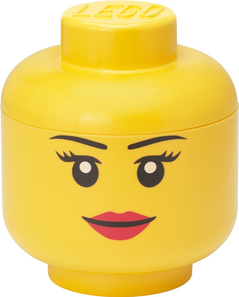 A yellow LEGO storage head with a female face printed on it.