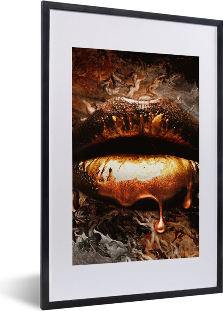 MuchoWow Gerahmtes Poster Gold - Lippen - Kunst - Gold - Luxus - Abstrakt 40x60 cm - Poster mit Schwarzem Bilderrahmen Wandposter Rahmen Foto Bil...