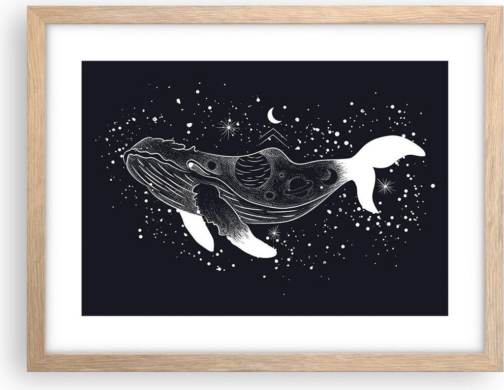 Gerahmtes Poster - Rahmen in heller Eiche - Wal Schwarzweiß Grafik - 40x30 cm - Wand Bild - Wanddeko - Wandbilder - Kunstposter - Wandposter - Bil...
