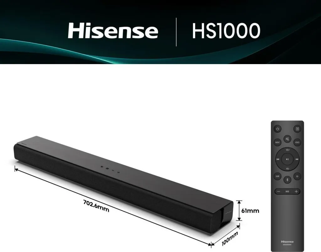 Hisense HS1000 Barre de Son Dolby Digital Plus et DTS Virtual:X 120W