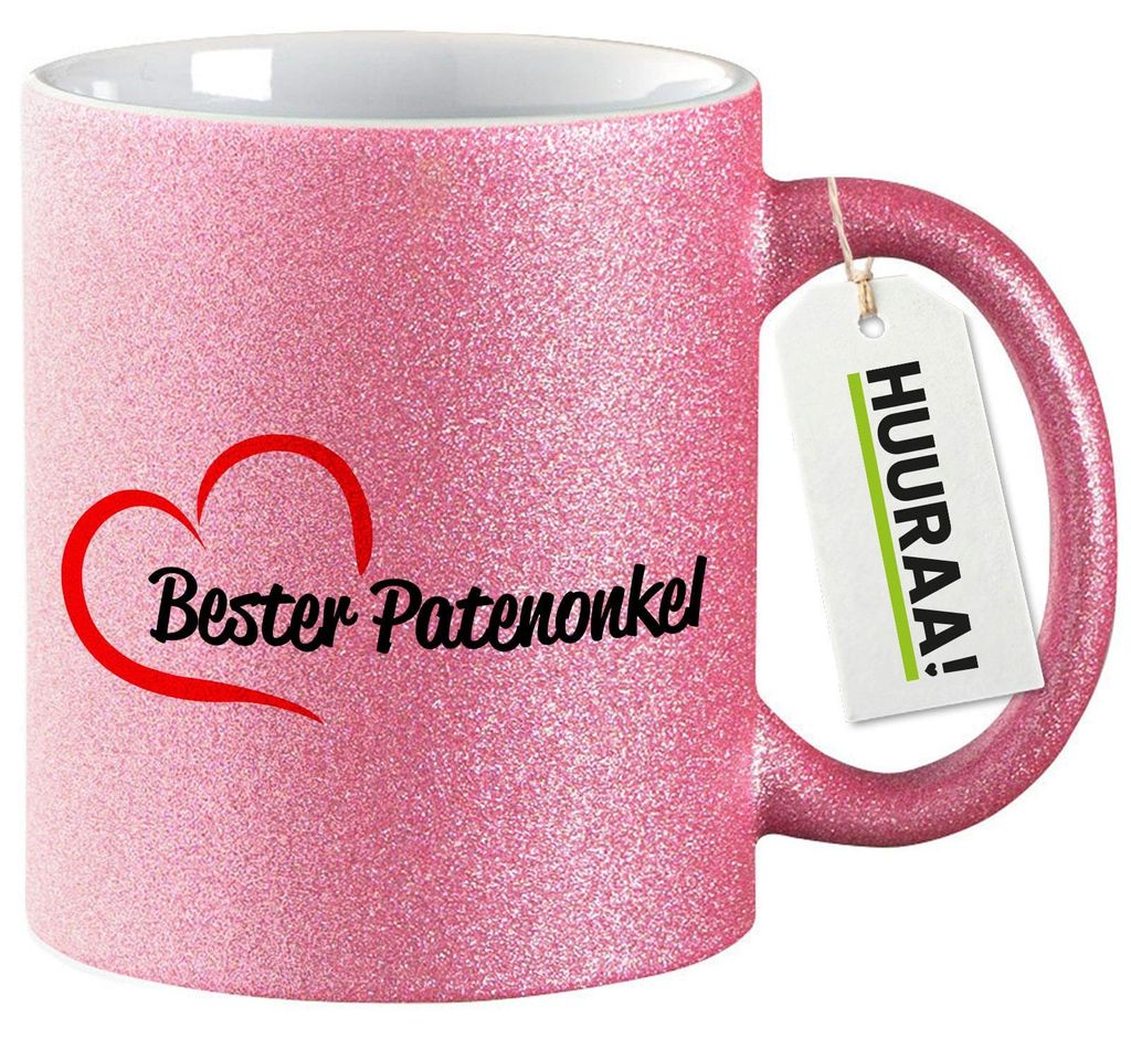 Huuraa Glitzertasse Bester Patenonkel Herz 330ml Pink Keramik Kaffeebecher Geschenkidee