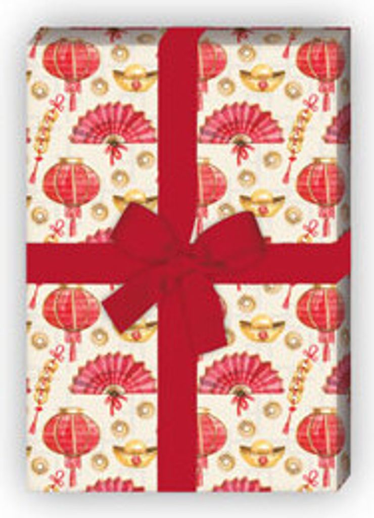 Orientalisches Geschenkpapier mit Fächern und Laternen in rot - G6386, 32 x 48cm