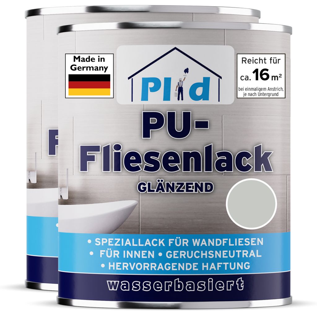 Plid Fliesenlack 1,5L Lichtgrau glänzend – Fliesenfarbe für Wandfliesen in Küche & Bad, hohe Deckkraft, bis zu 16m²