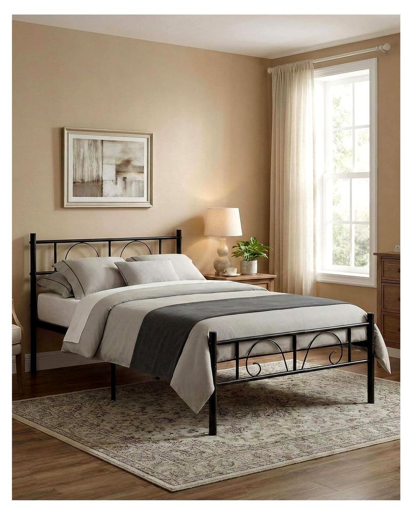 Metallbettgestell Schwarz, Jugendbett 90x200 cm, Einzelbett mit Kopfteil, Unterbettaufbewahrung, Modernes Metallbett mit Lattenrost, für Schlafzim...