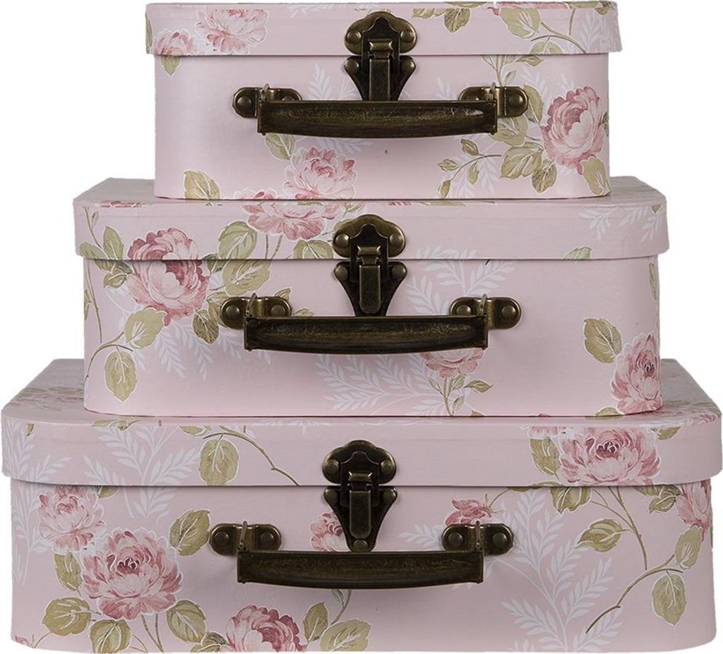 Clayre & Eef Dekoration Koffer 3er Set 30x21x9/25x18x9/20x16x8 cm Rosa Karton Blumen
