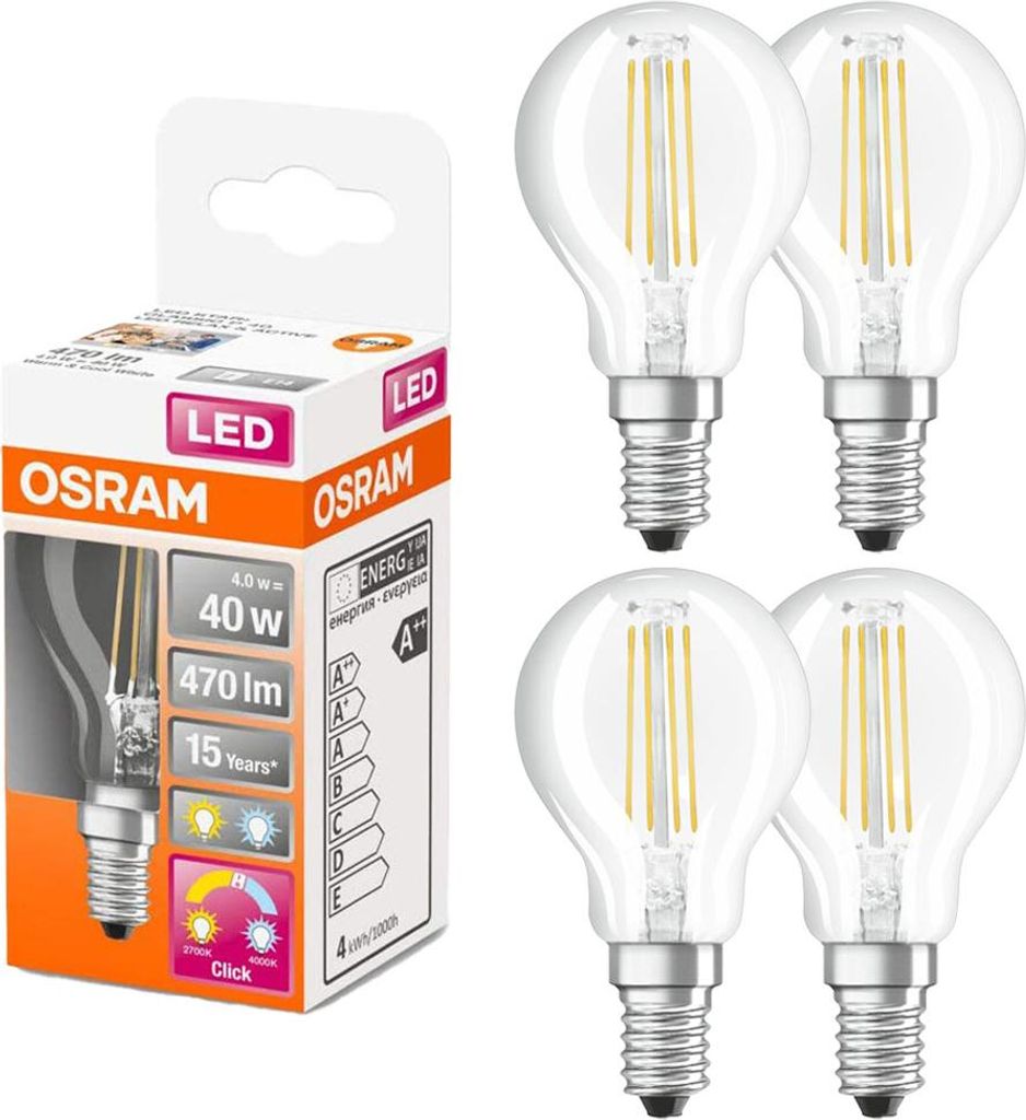 4 x Osram LED Filament Leuchtmittel Tropfen 5W = 40W E14 klar 470lm FS Relax & Active per Lichtschalter warmweiß & kaltweiß