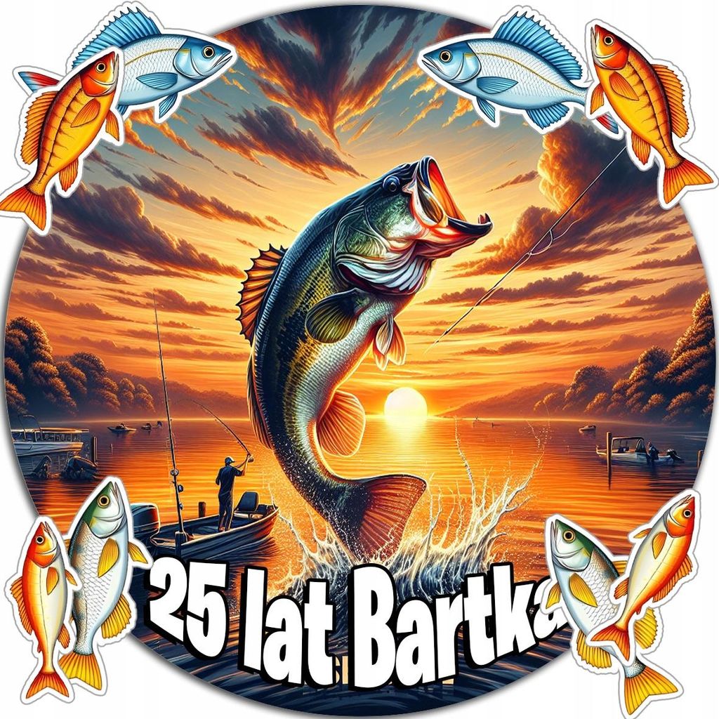 Kuchenverzierung 20 cm – Angel, Fisch, Geburtstagsdekoration + Name 15 cm, 18 cm