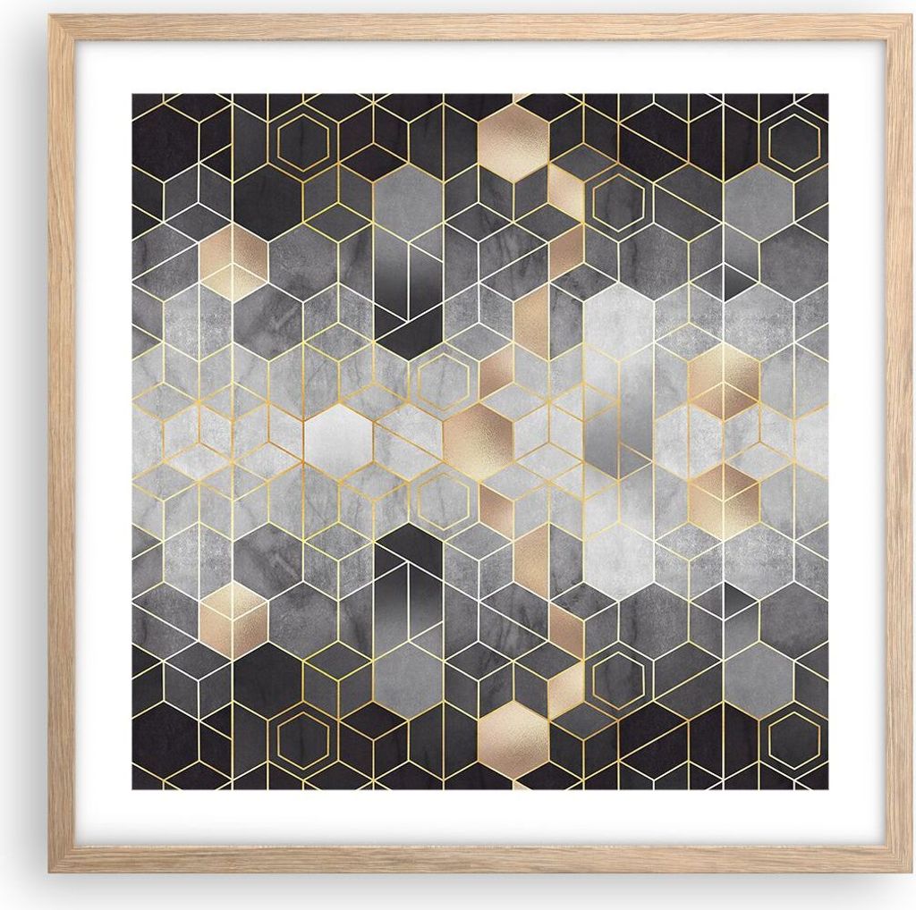 Gerahmtes Poster - Rahmen in heller Eiche - Geometrisch Abstraktion Sechsecke - 50x50 cm - Wand Bild - Wanddeko - Wandbilder - Kunstposter - Wandpo...