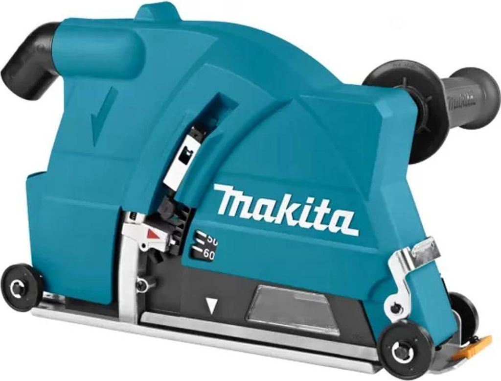 A teal and black dust extraction hood for a grinder.