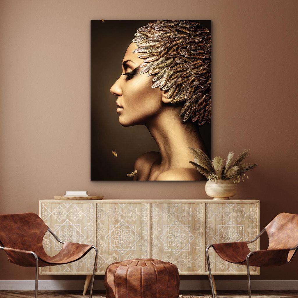 MuchoWow Wanddekoration Metall Metallbild Wandkunst 90x120 cm Frau - Abstrakt - Gold - Porträt MuchoWow Aluminium Gemälde - Industrial