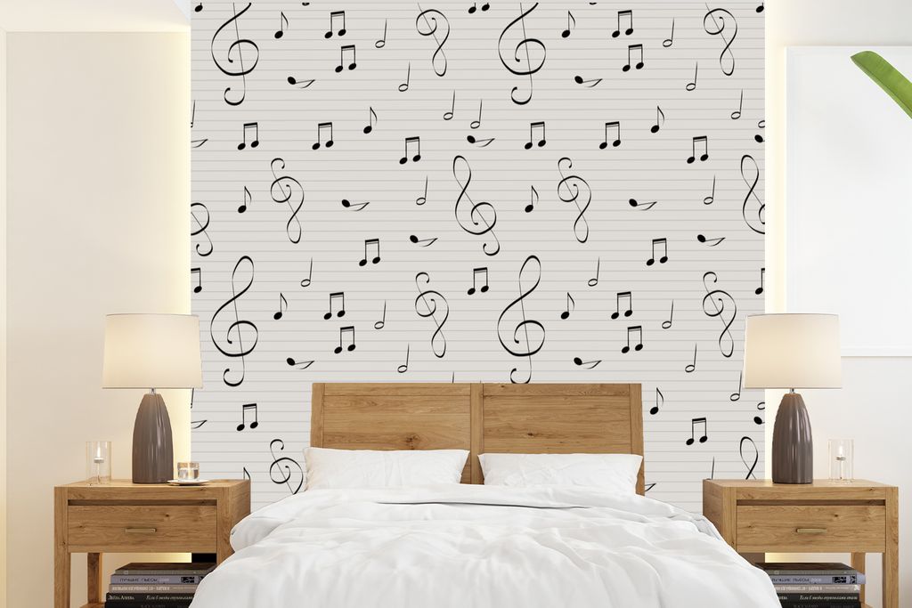 MuchoWow Fototapete für Wohnzimmer oder Schlafzimmer Wandtapete Vinyl Motivtapete Noten - Muster - Musik - 220x240 cm - Wohnzimmer-Tapete