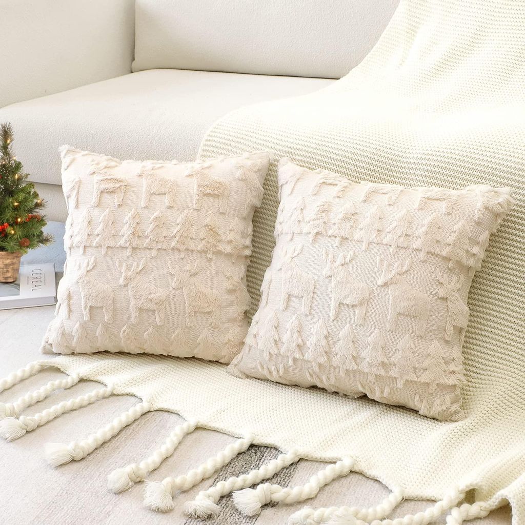 Set mit 2 Kissenbezügen aus weicher, kurzfloriger Wollsamtwolle, Sofakissen im europäischen Stil für Sofa und Schlafzimmer, cremefarben/beige, 5...