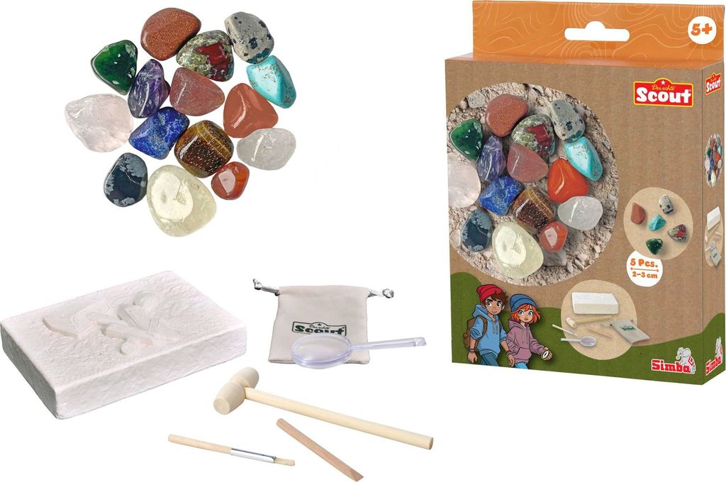Simba 109462661 - Scout Mineralien-Ausgrabungsset (5 Steine zum Ausgraben) - Forscher- und Entdecker-Spielzeug für Kinder ab 5 Jahre inkl. Lupe, W...