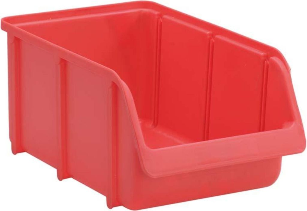 A red storage bin shown from a diagonal angle.