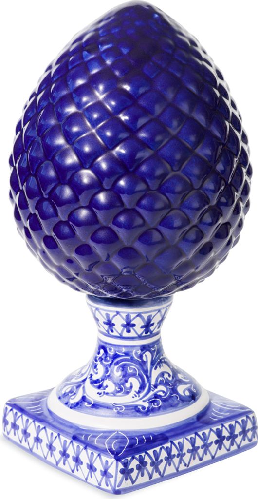 TERRECOTTE DEL SOLE - Tannenzapfen in original sizilianischem Blau verzierter quadratischer Fuß H 50 cm, von Hand gefertigt und verziert., Höhe 5...