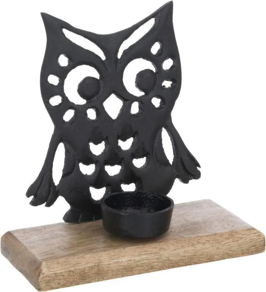 Bougeoir Hibou Noir et Bois J-Line - Luminaire Décoratif Petit Format