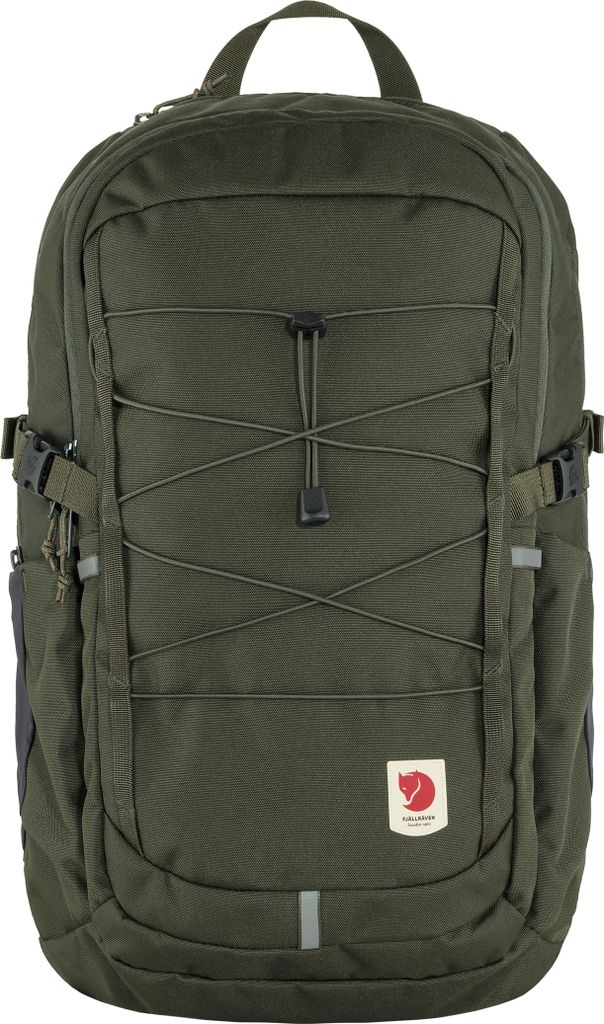 A front view of a green backpack against a white background.