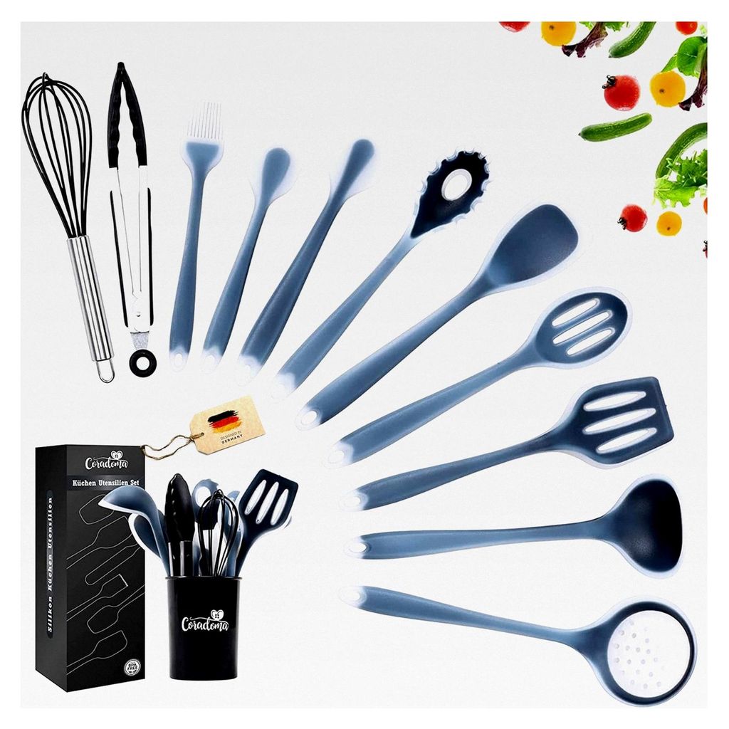 Silikon Geschirrset für die Küche | 12-teiliges Küchenhelfer Set mit Pfannenwender, Schneebesen, Kochlöffel, Suppenkelle und weiteren Utensilien